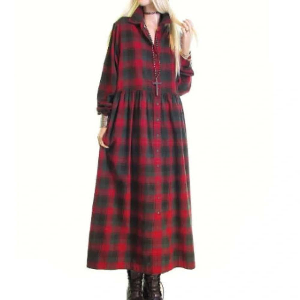 Vintage Eddie Bauer Plaid Flannel Dress XL Red Green Button Front Midi Cotton
